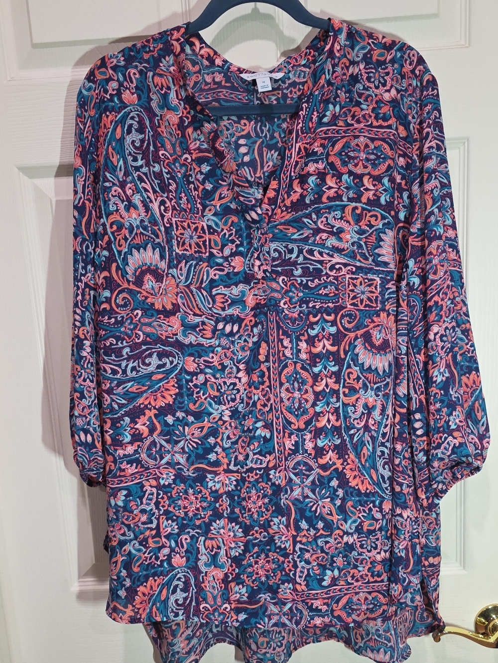 Paisley V-Neck Tunic Blouse - Navy & Coral